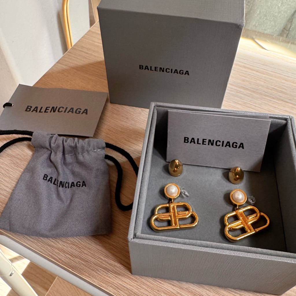 Balenciaga Gold Logo Drop Earrings With Pearl Accents 200$